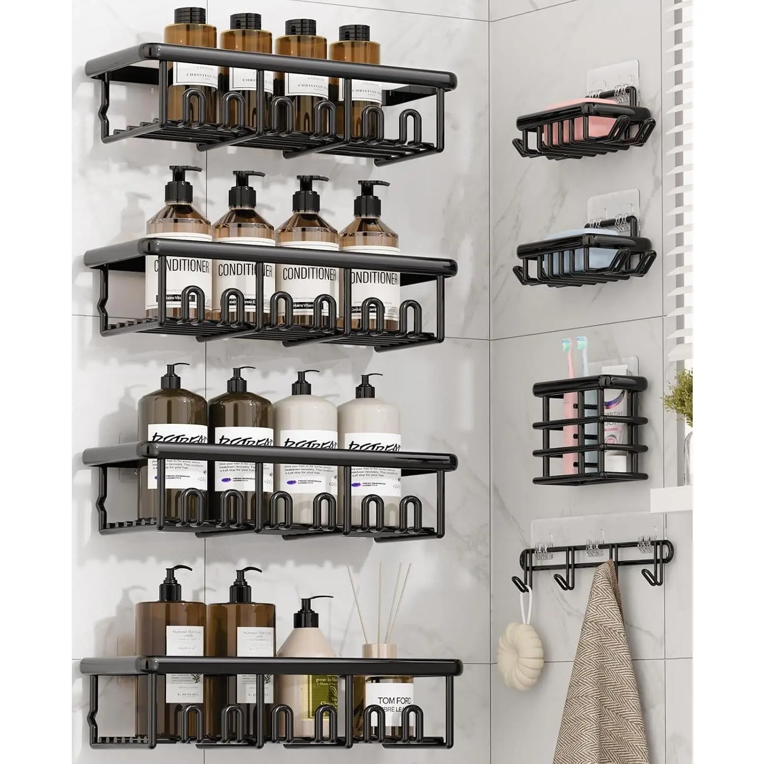 8 Pack Adhesive Rustproof Shower  with Soap Dishes,  Holder & Hooks, Large Capacity No-Drilling Shower Shelves Rack for Bathroom Organizers and Storage Accessories, Black