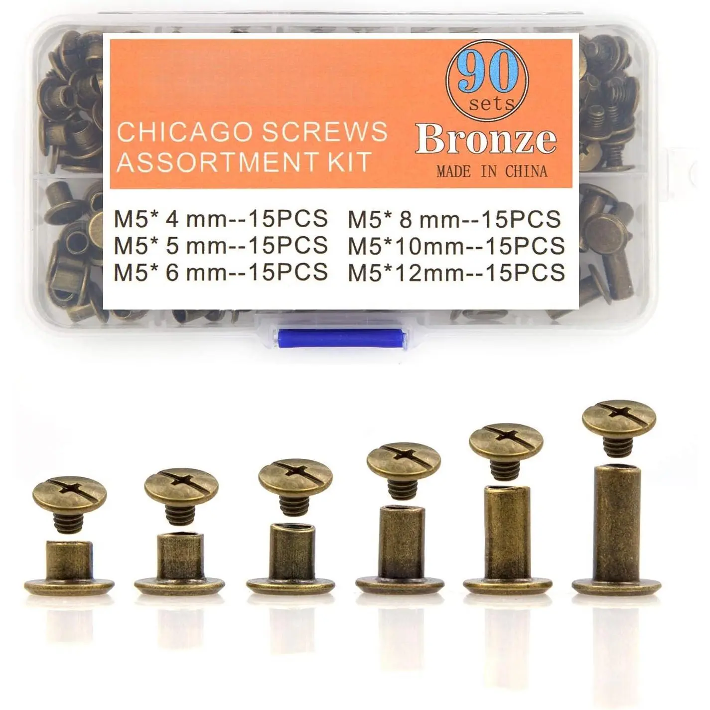 90 Sets Chicago Screws  Kit 6 Sizes Bronze Leather Rivets 3/16(5mm) Screw Rivets Phillip  Book Binding Posts  Rivet Chicago  for DIY Leather Craft Bookbinding (5 x 4,5,6,8,10,12)