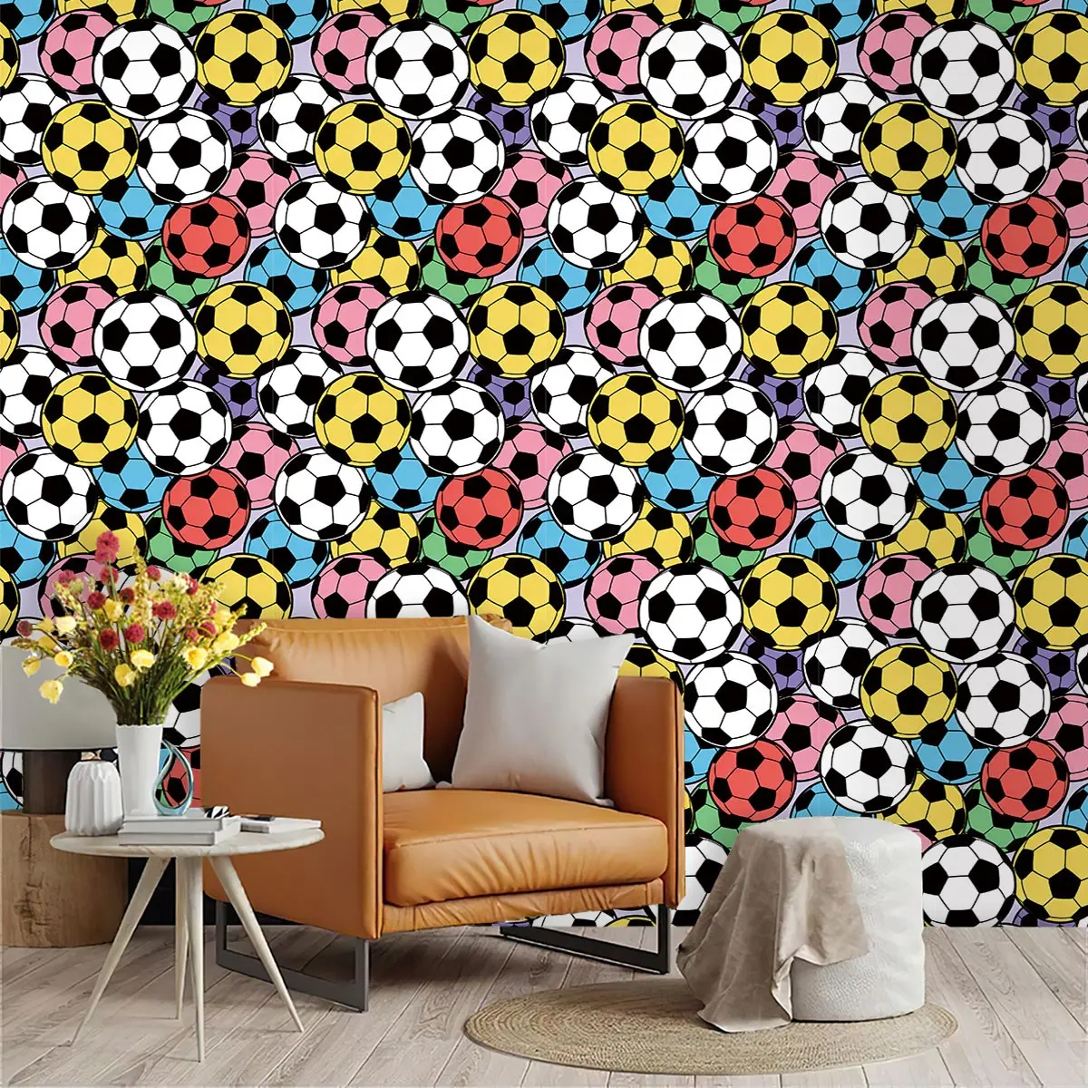 Cartoon Graffiti Style Wallpaper, Multi-Color Soccer Ball Pattern, PVC Material, Moisture-Proof, Easy Peel-And-Stick, Living Room Decor