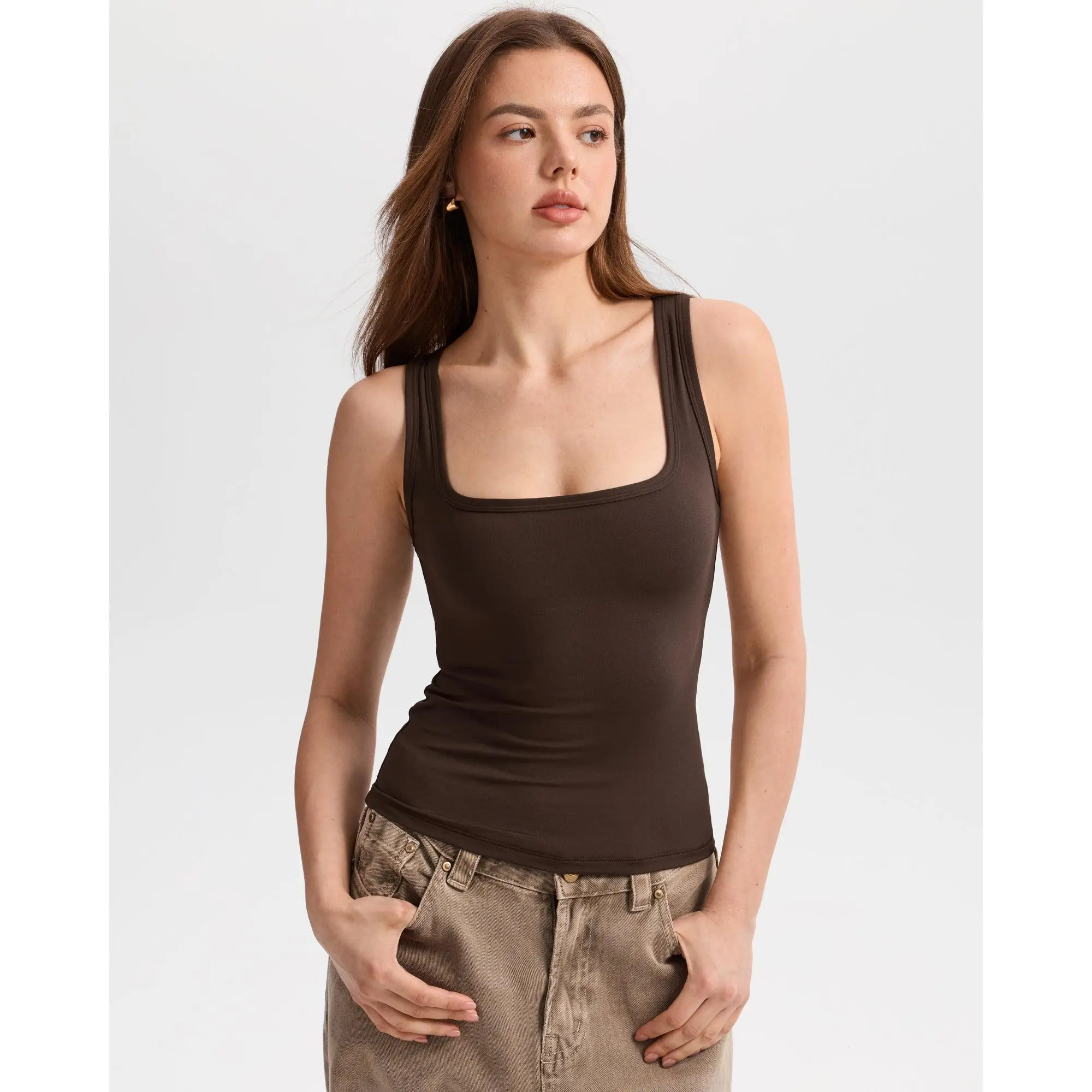 SOLBRACE Women's Square Neck Slim Fit Cropped Sleeveless Tank Top, Stretchy Dry-Touch Breathable Fabric, Summer Layering Basic, Daily Layering Essential