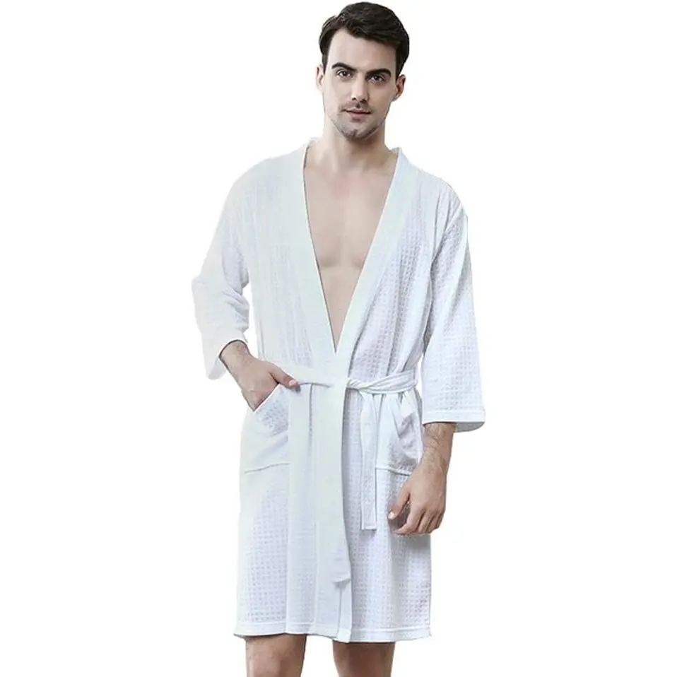 Rojeam Men's Kimono Waffle Robe Unisex Lightweight Soft Knee Length Spa Bathrobe Sleepwear with Pockets