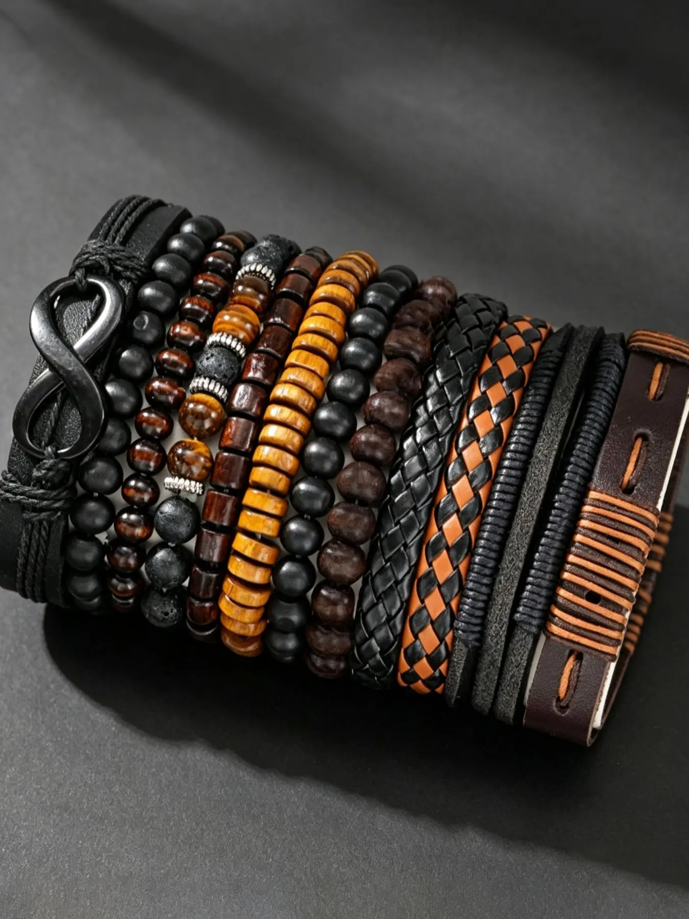 Men's Vintage Street Style Leather Beaded Bracelet Set, Beads Bracelets Stack, Casual Fashion Jewelry for Daily Wear & Parties, Perfect Gift for Boyfriend