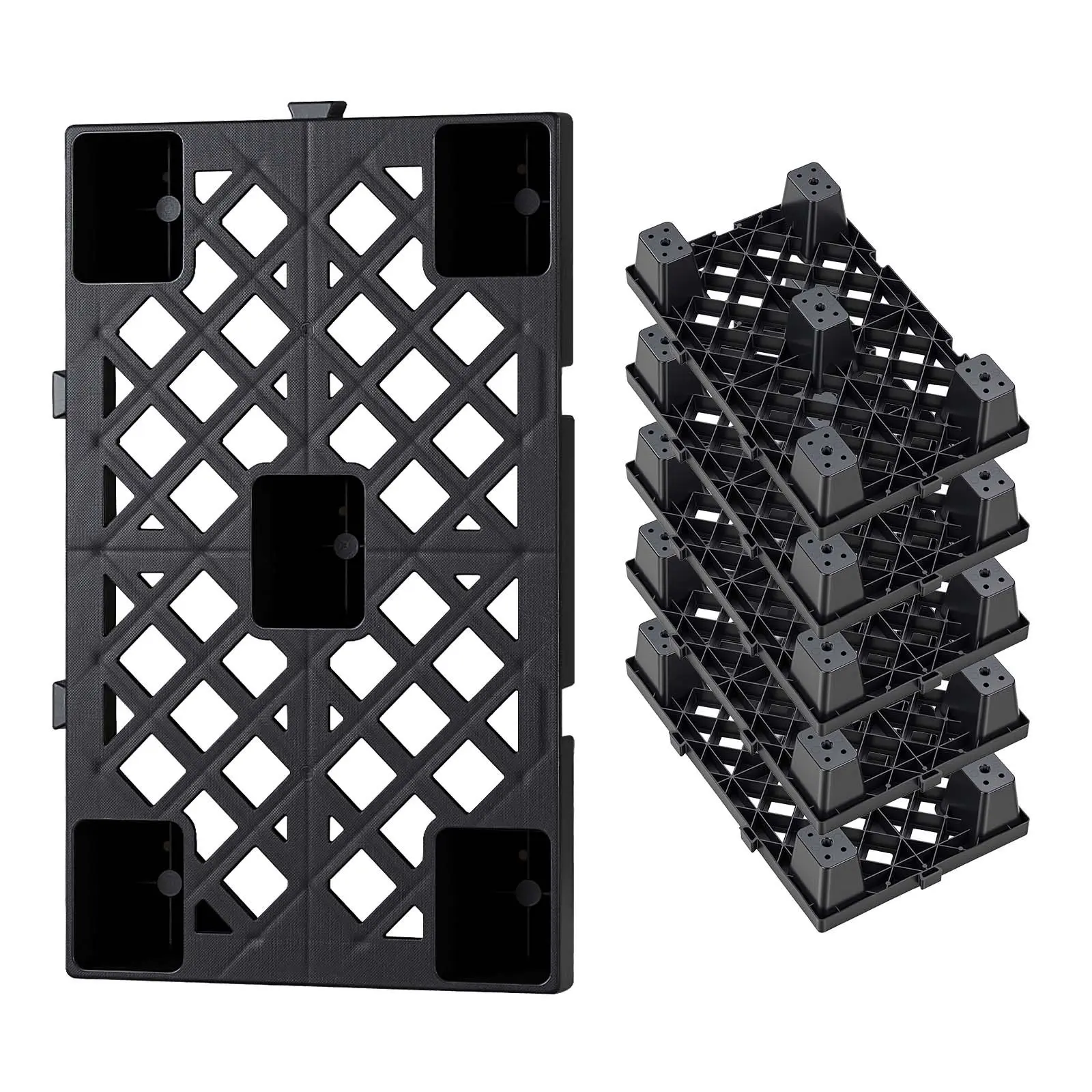 VEVOR Commercial Plastic Pallets (6 Pcs), 19.7x12x3.9in Black Nestable Lightweight Water-Resistant Standard Storage Pads, High-Load-Capacity Grate Grid for Basement, Supermarket Use, Outdoor & Residential Storage