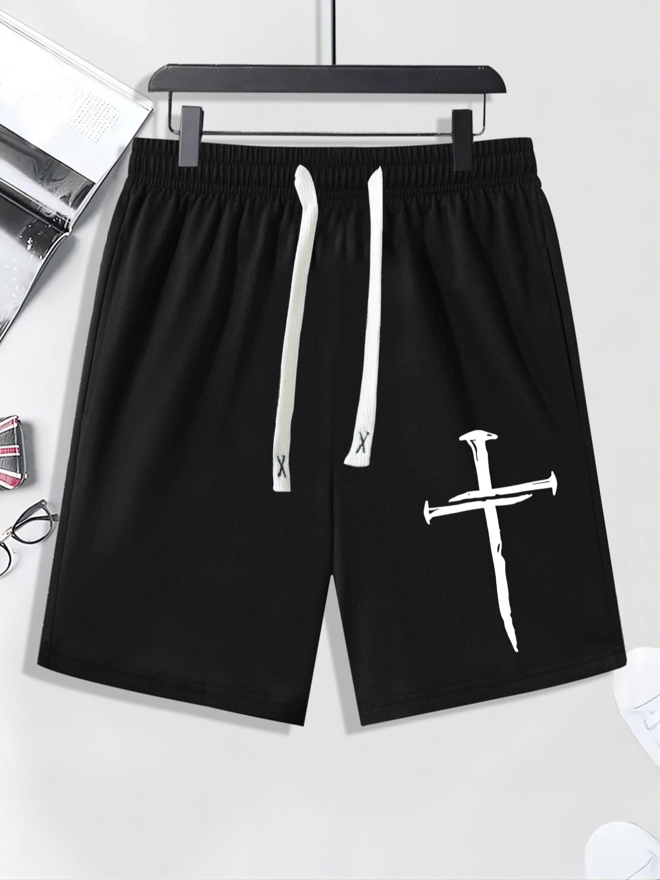 Emo Outfits Men's Stylish Cross Graphic Drawstring Shorts, Regular Fit Casual Breathable Elastic Waist Straight Leg Shorts, Summer Clothes, Shorts for Men, Mens Streetwear Clothing, Menswear, Cross Print Shorts