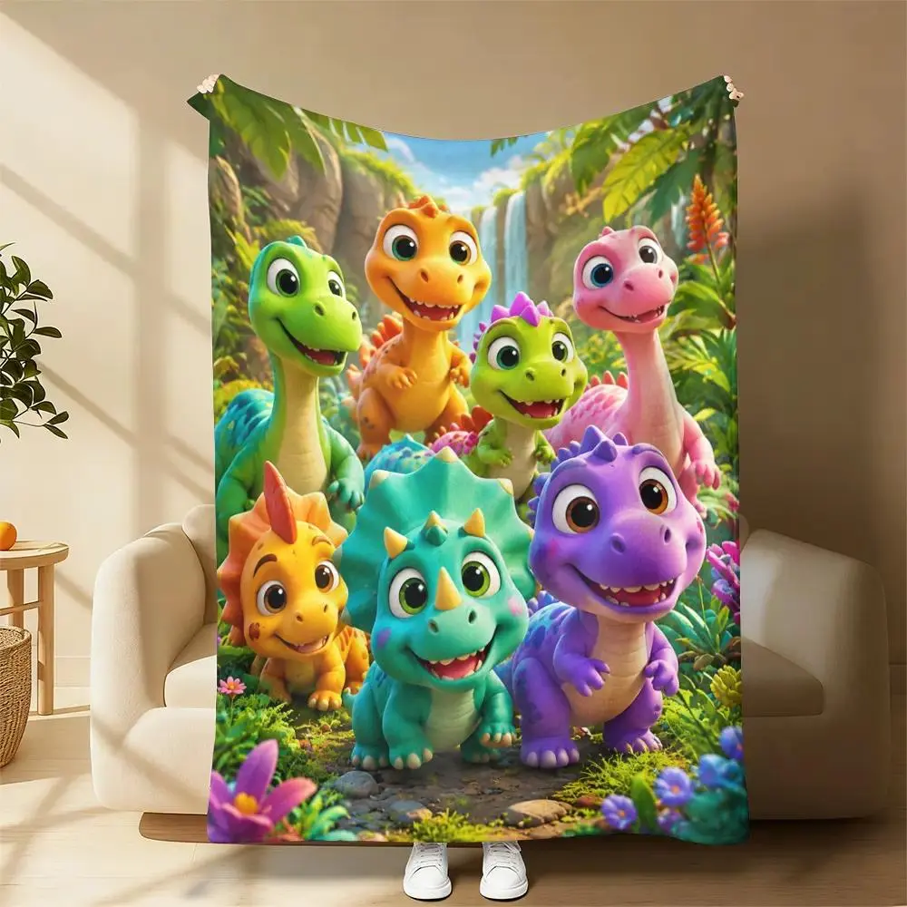Cute Multicolor Cartoon Dino Group Jungle Waterfall Fleece Throw Blanket, cooling blankets cooling blanket blankets quince bedding, Soft Plush Smiling Dinosaur Kids Bed Sofa Nap Blanket Birthday Holiday Gift For Toddler Boys Girls Dinosaur Fans