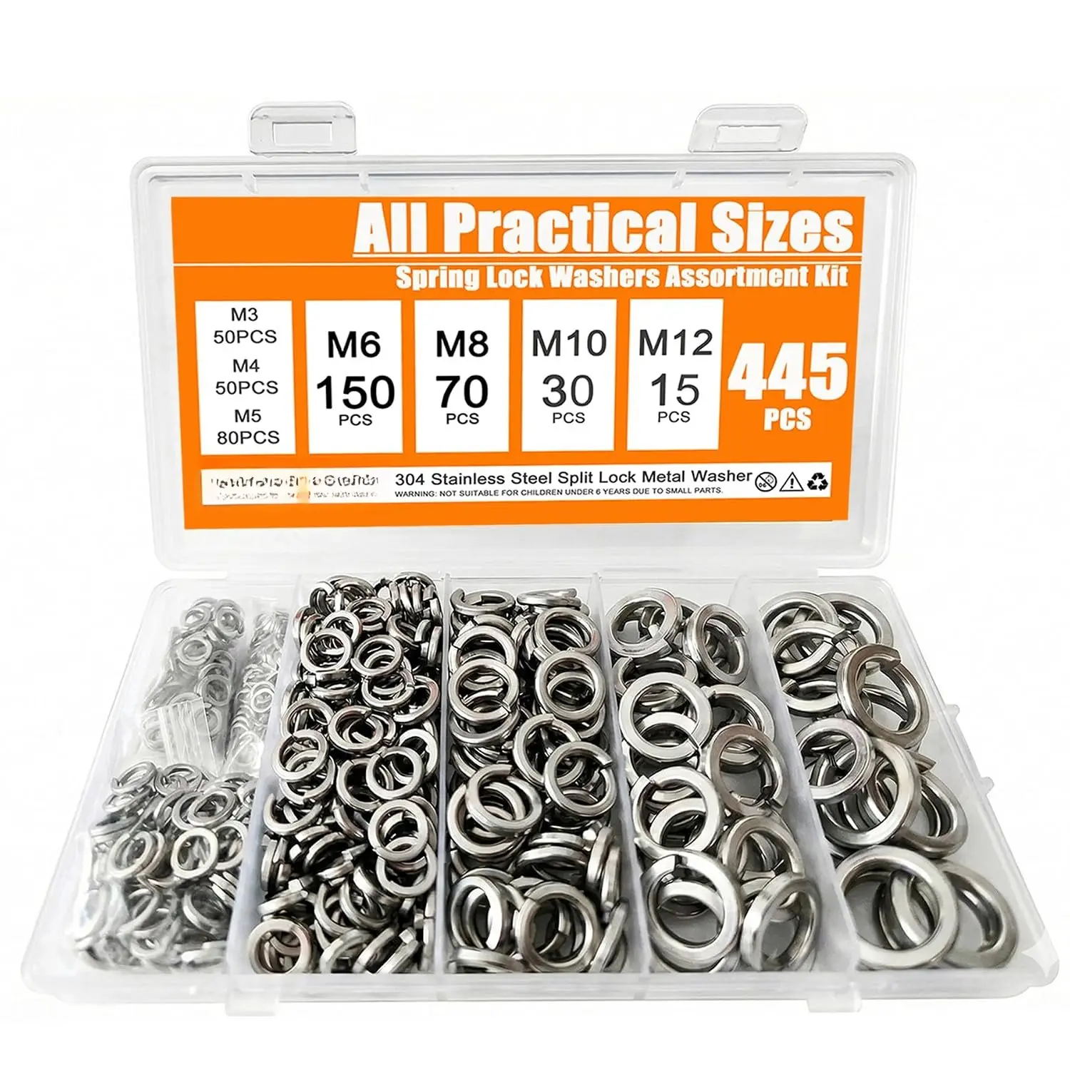 445 count Lock Washers  Kit, Metric 304 Stainless Steel Spring Washer Set (M3-M12) - Split Locking Washers with  Practical M6 & M8 Sizes, Durable Metal Washers for Screws &
