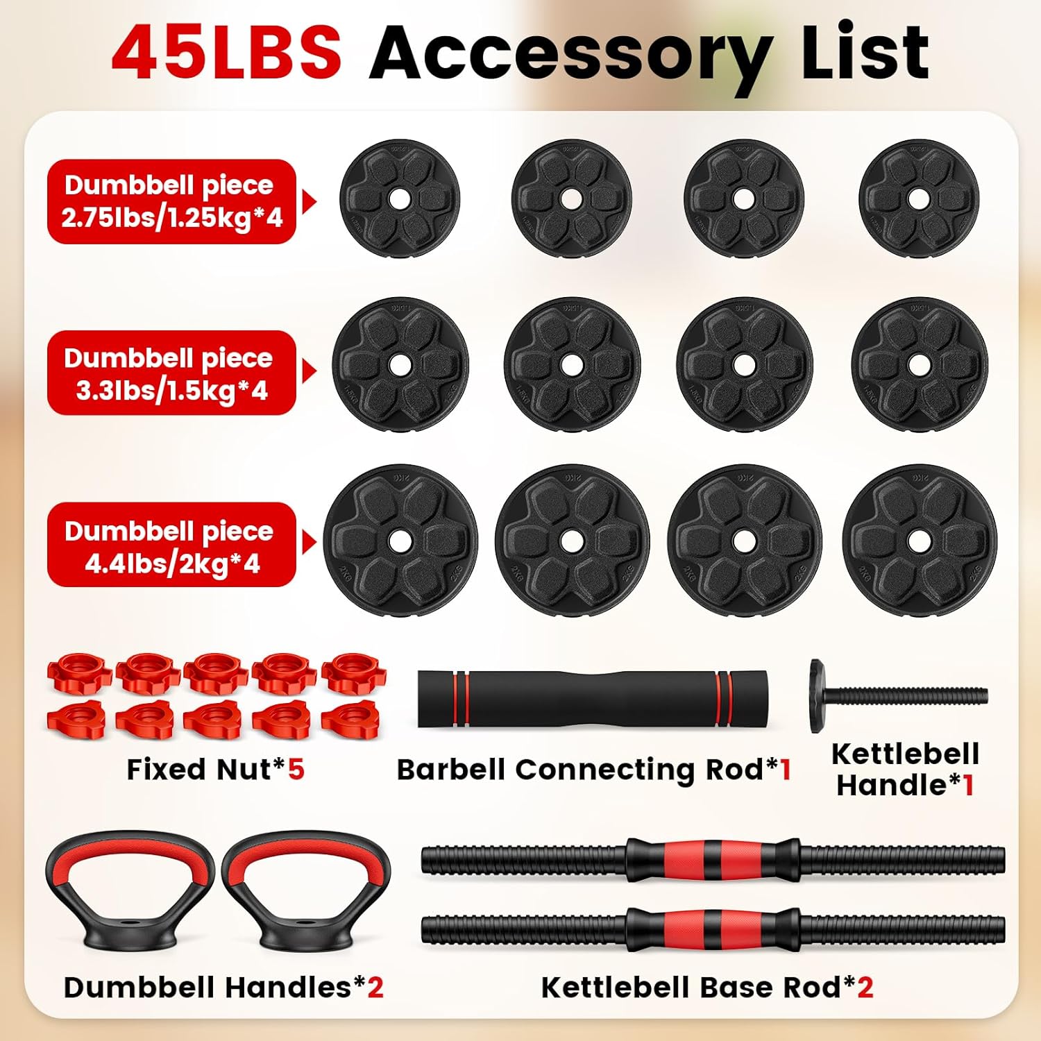 SUNDAY MIRTH Adjustable Dumbbell Set, 20/33/45/70/90lbs Free Weight Set with Connector, 4 in1 Dumbbells Set as Barbell, Kettlebells, Push up Stand, Weight Set for Gym Suitable Men/Women SUNDAY MIRTH Adjustable Dumbbell Set, 20/33/45/70/90lbs Free Weight Set with Connector, 4 in1 Dumbbells Set as Barbell, Kettlebells, Push up Stand, Weight Set for Gym Suitable Men/Women