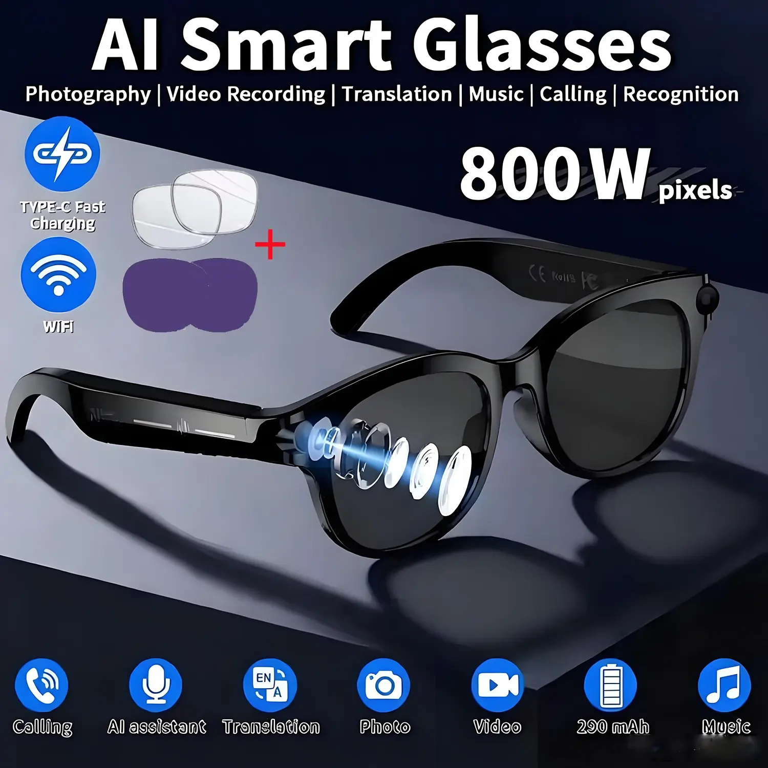 AI Smart Camera Video Recording Glasses With 5.3 & AI Translation/voice Control - 8MP HD Stabilized Suitable For Travel, Work, Recording, Dual Mic, Face-Flattering Design, Smart Fashion Glasses Gift For Men & Women, 3 Pairs Lens, 290mah Battery
