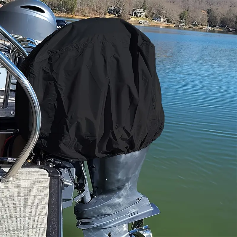 Outboard Motor Cover Heavy Duty Thick Polyester Fabric Fits 15HP - 250HP Engines Secure Fit Design Durable Black with Drawstring Closure Adjustable Straps