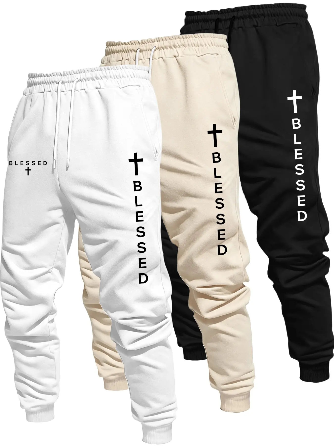 Men Elastic Waist Drawstring Jogger Sweatpants Cuffed Ankle Trousers Front Side Pockets BLESSED Cross Letter Graphic Print On Front And Leg Casual Faith Inspired Streetwear Training Pants