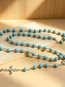 Natural Turquoise Beaded Necklace with Antique Figure Alloy Cross Pendant, Long Versatile Sweater Chain, Elegant Jewelry Accessory