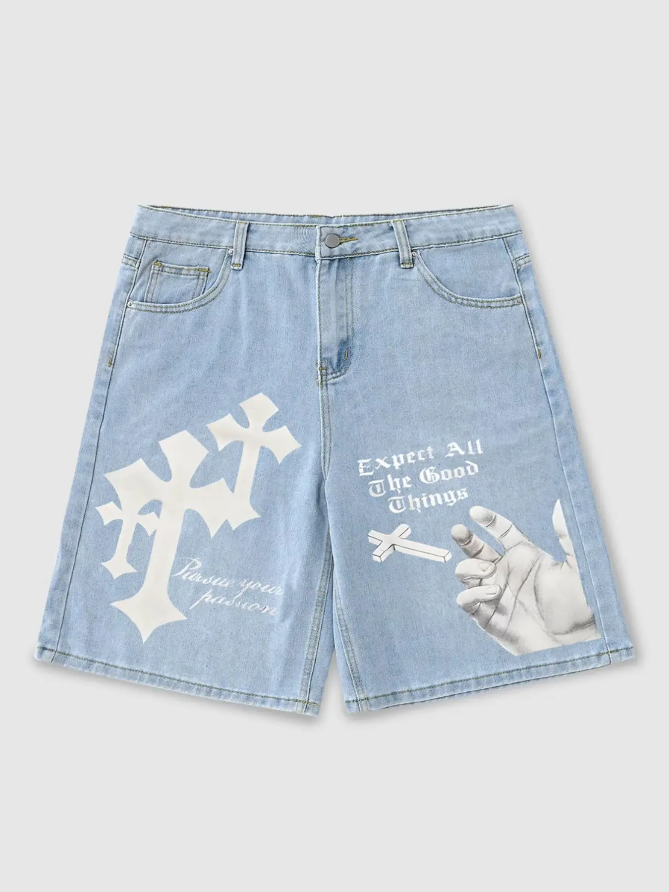 Men's Summer Retro Trendy Light Wash Jeans Shorts, Letter Cross Graphic Pattern Print, Fashion Versatile Casual, Stylish Men's Short Pants