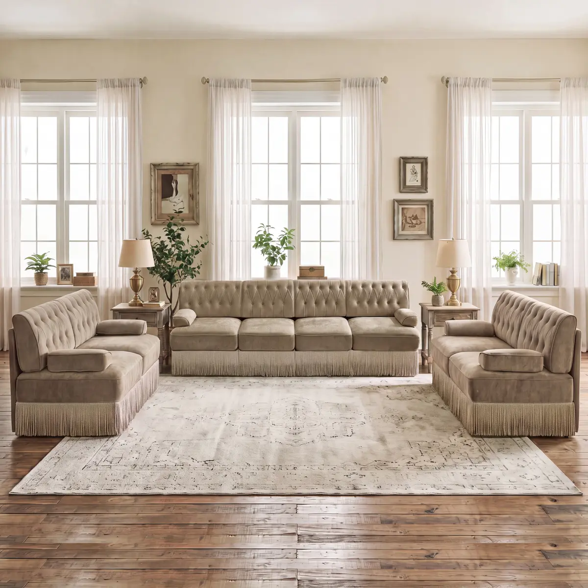 3-Piece Camel Chesterfield Living Room Sofa Set - 4-Seater Couch & 2 Loveseats, Button Tufted Fleece Upholstered, Tassel Skirt, Plush Cushions, Curved Square Arms, Vintage Furniture for Living Room Decor