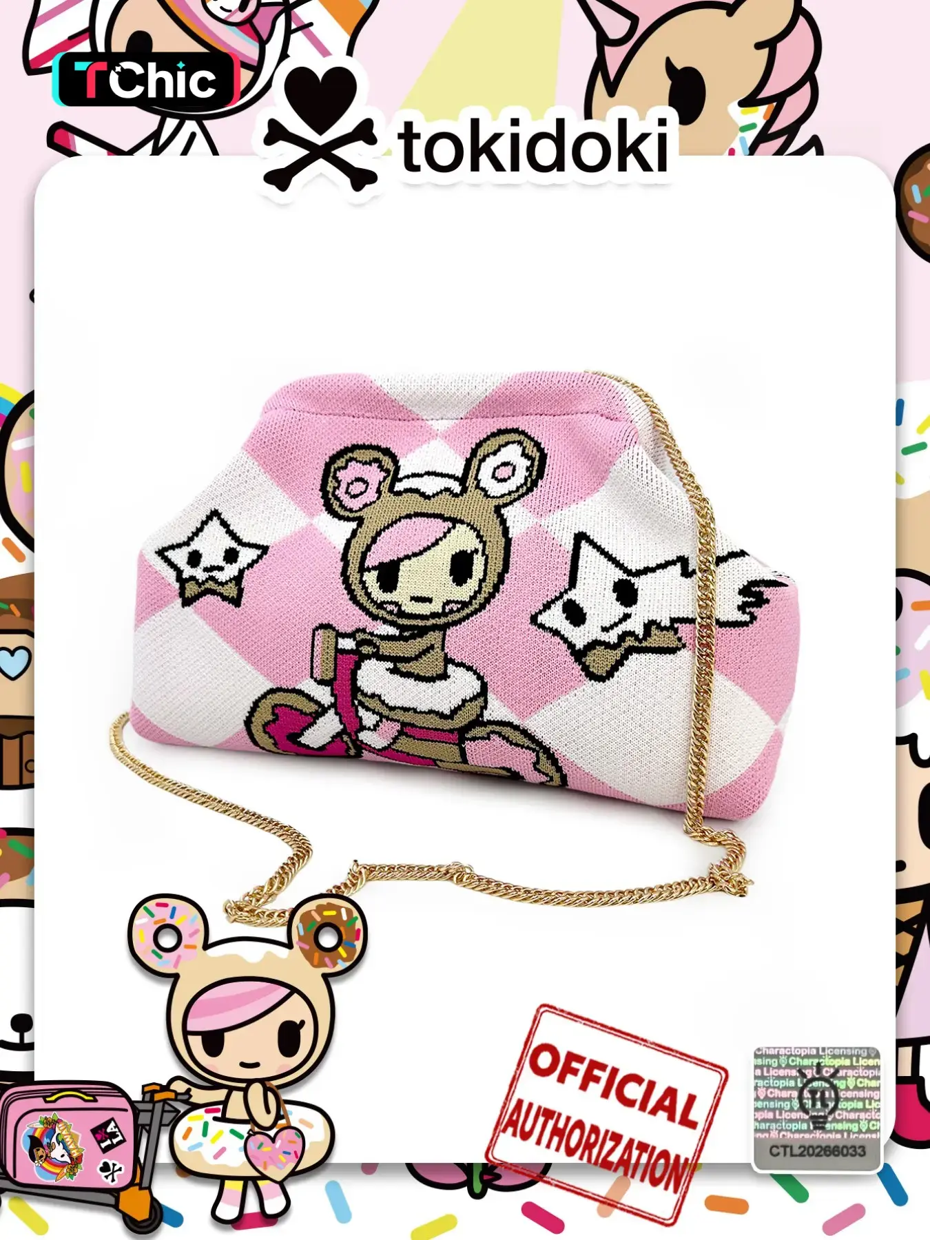 Official Tokidoki Donutella Knit Crossbody Bag, Cute Shoulder Bag, Women's Y2K Fashion Chic Chain Crossbody Clutch, Fashion Patterned Bag, Perfect for Parties and Travel