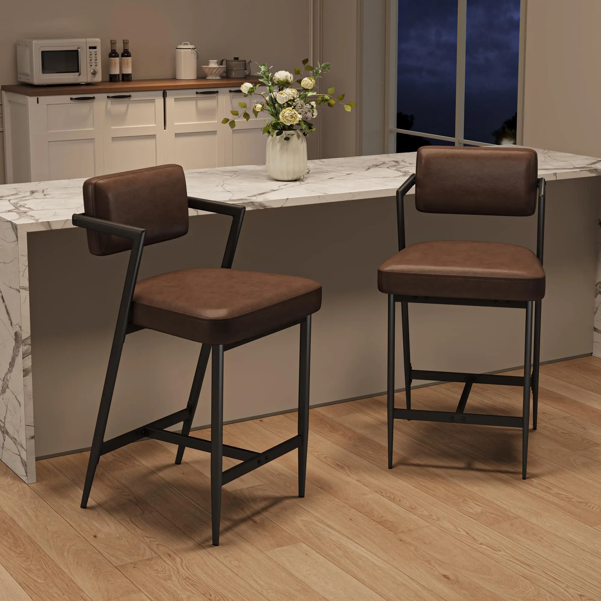 Garvee Set of 2 Counter Height Bar Stools with Backrest, Armrest, and Footrest, 27" Tall, Thick Cushion and Durable Metal Legs, Rustic Brown Finish, Ideal for Kitchen Island, Counter Bar Seating