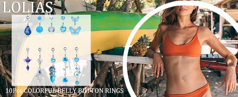 LOLIAS 10Pcs Belly Button Rings Surgical Stainless Steel CZ Heart Dragon Butterfly Dangle Navel Rings for Women Barbell Piercing Jewelry Waist Beads