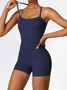 Yoga Fitness Outdoor Spring Summer Casual Sports Tank Top Shorts Set, Sleeveless High Waist Slim-Fitting Backless Design