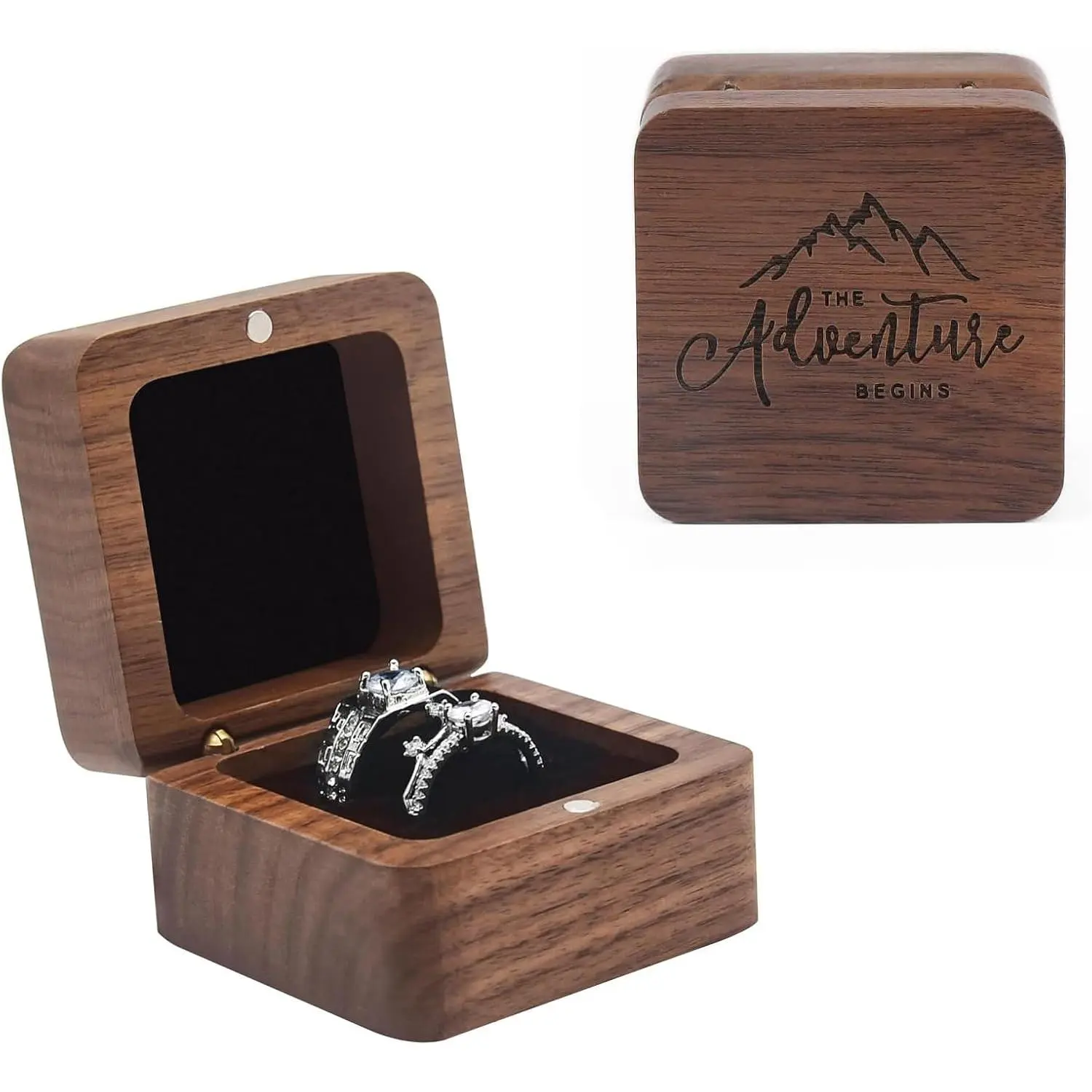 Rustic Wooden Ring Box, Square 2 Slots Wedding Ring Bearer Holder | Rustic solid  ring box, engravable with soft lining. Ideal for weddings, proposals & anniversaries