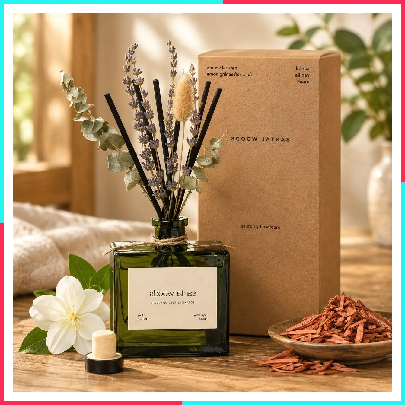 Premium Santal Woods Reed Diffuser with Dried Flowers – 5 oz Essential Oil Diffuser for Home & Bathroom – Long-Lasting Fragrance Diffuser Sticks – Room Decor Air Freshener