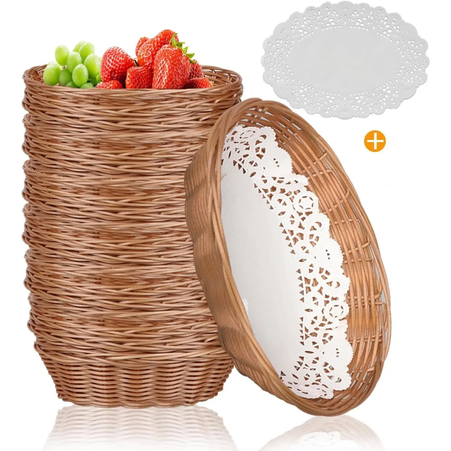 12 Pcs Oval Small Plastic Bread Basket, Wicker Basket for Serving 2.36x9x6.4 Inch Woven Food Storage Basket, Fruit Basket, Gift Basket (Comes with Food Blotting Sheets) Brown