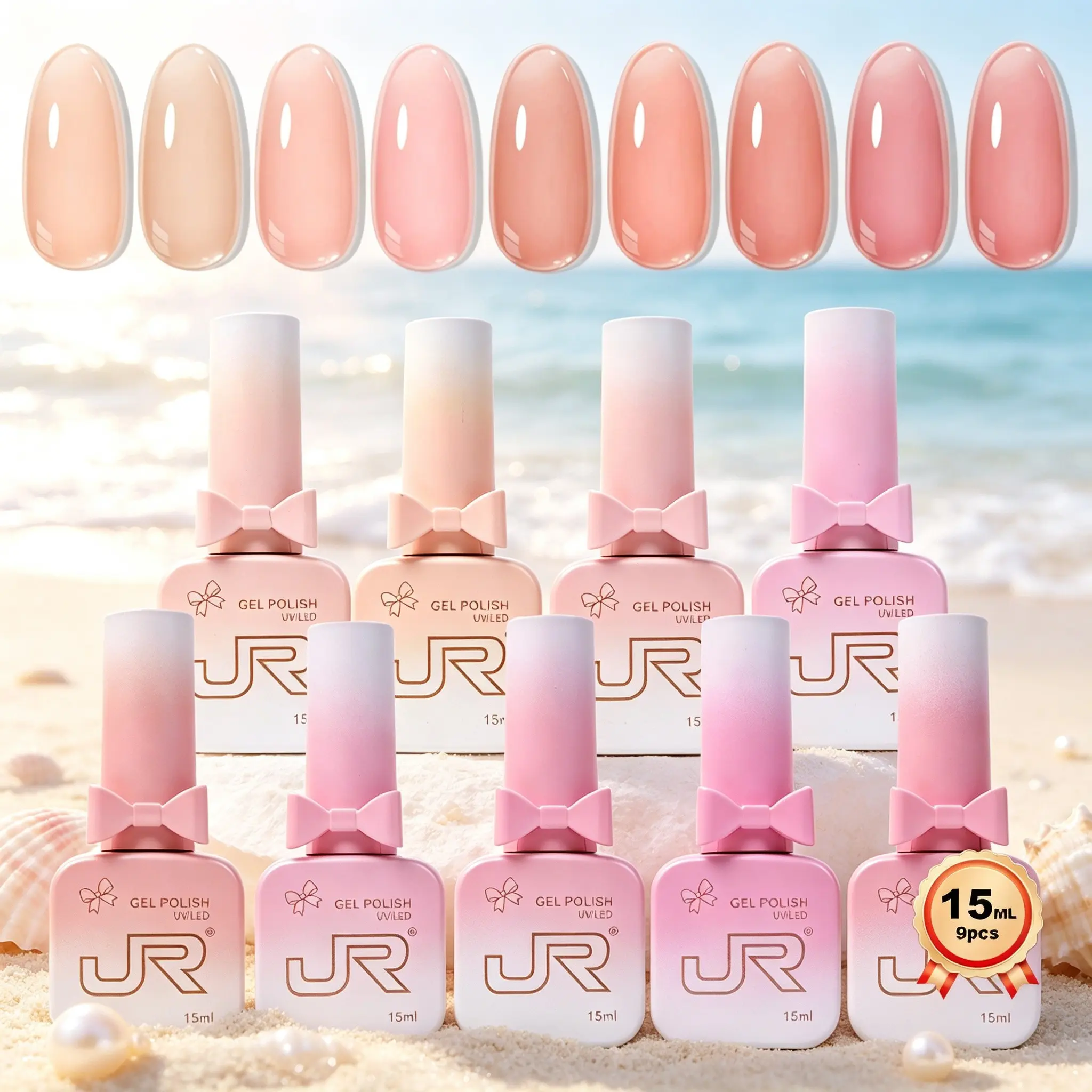 JR 15ml Jelly Gel Nail Polish Set - Jelly Magic Gel Polish, 9 Colors Jelly Gel Polish Kit Pink Red Yellow Blue Green Purple Sheer Translucent Effect Soak Off UV Manicure DIY Gift for Women