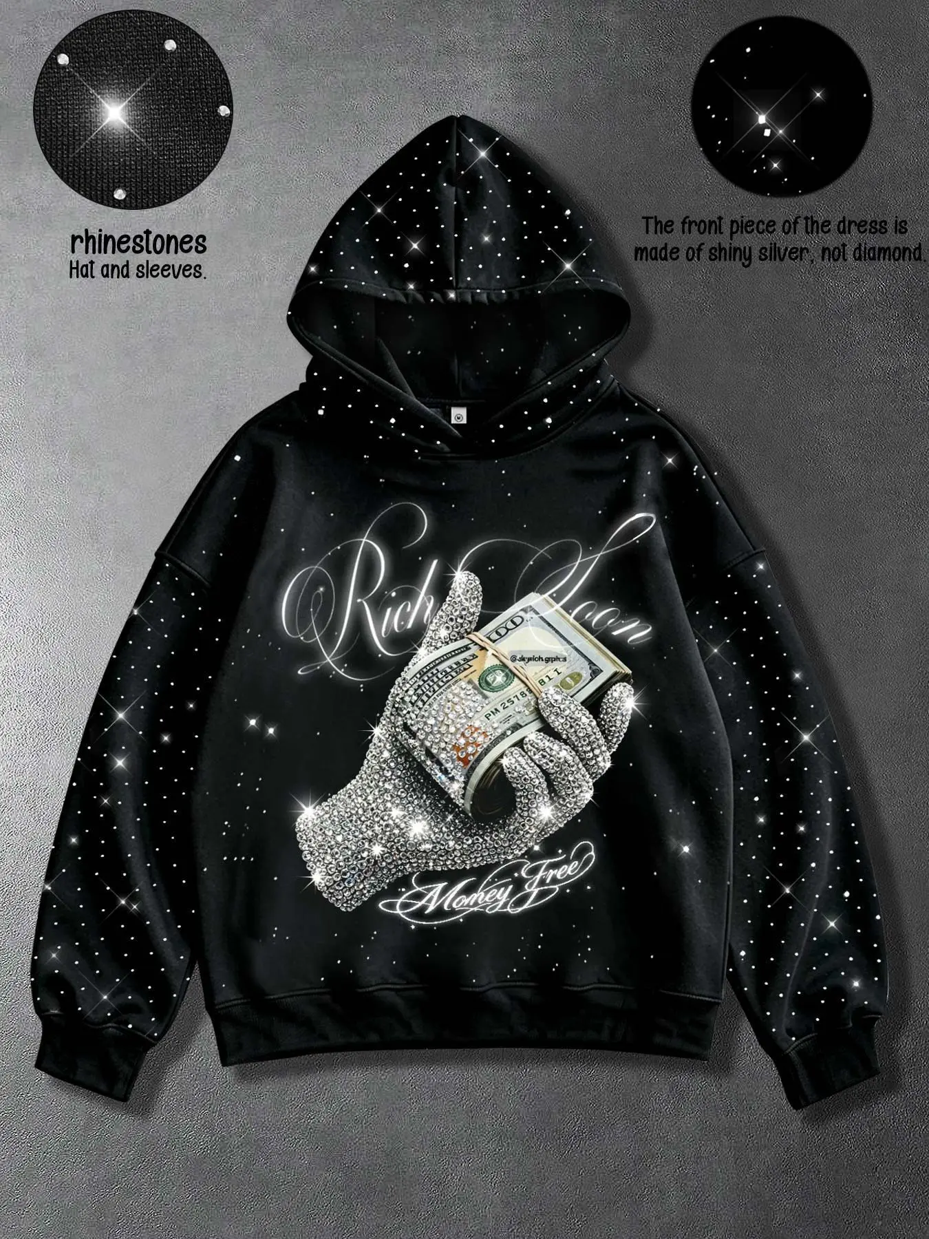 American trendy brand hot rhinestone palm dollar print men's hooded sweatshirt hooded sleeves hot rhinestone body silver glitter embellishment handwritten floral English print Casual Graphic Hoodie loose off-shoulder heavy fleece high street couple hoodie
