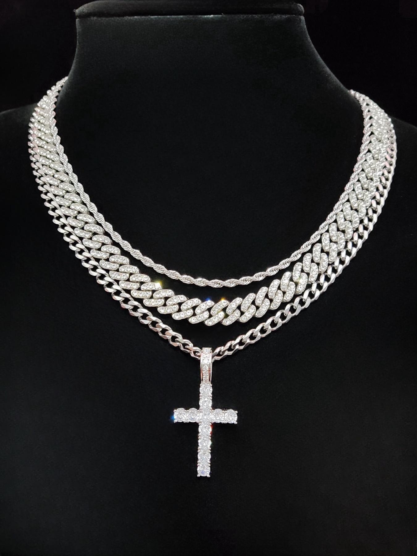 Street Style Artificial Zircon Inlaid Iced Out Cross Pendant & Cuban Chain Necklace, Fashion Jewelry for Party, Daily Clothing Decor, Trendy All-match & Exquisite Jewelry for Birthday Gift Street Style Artificial Zircon Inlaid Iced Out Cross Pendant & Cuban Chain Necklace, Fashion Jewelry for Party, Daily Clothing Decor, Trendy All-match & Exquisite Jewelry for Birthday Gift