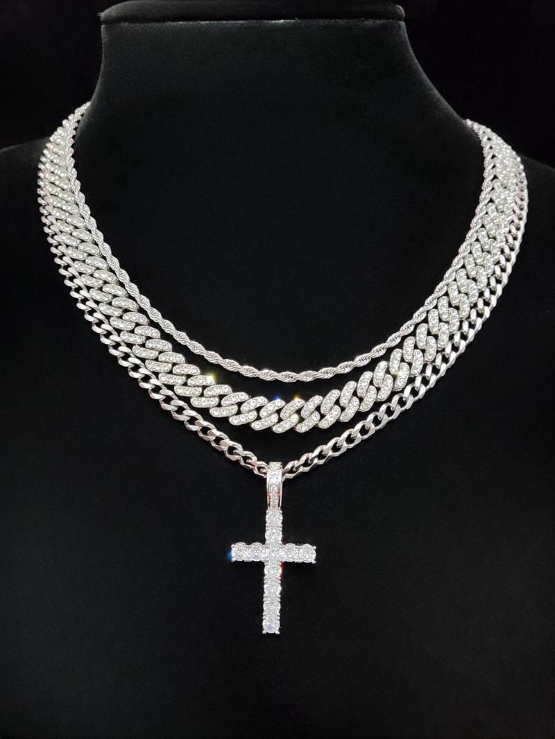 Street Style Artificial Zircon Inlaid Iced Out Cross Pendant & Cuban Chain Necklace, Fashion Jewelry for Party, Daily Clothing Decor, Trendy All-match & Exquisite Jewelry for Birthday Gift