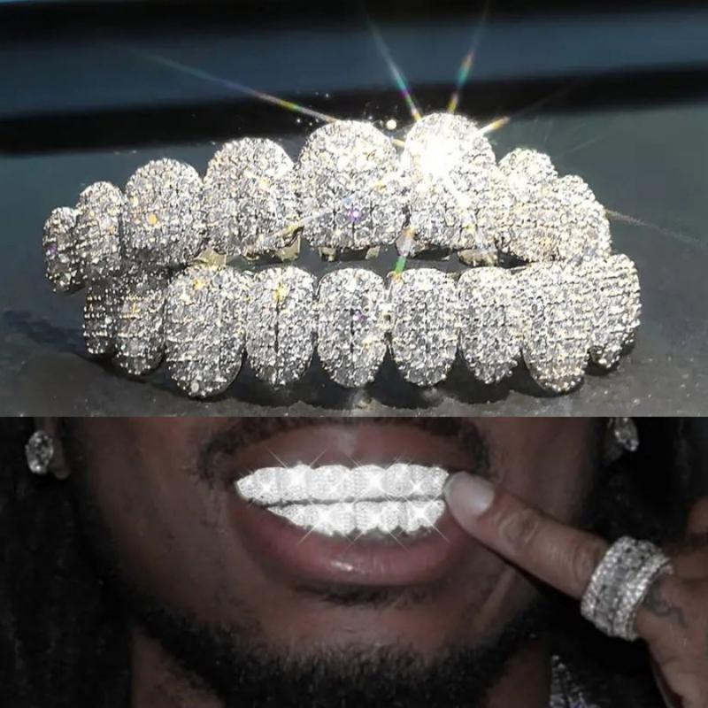 2pcs/ Set Hip Hop Cubic Synthetic Zirconia Teeth Grills Punk Tooth  Cosplay Rapper Jewelry Glittering Hip Hop Cubic Synthetic Zirconia Teeth Grills - 20pcs Top & Bottom Set for Rappers  Instantly   gold  teeth  cap Oral