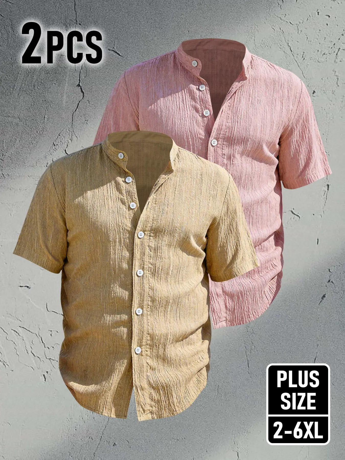 2pcs Men's Plus Size Summer Short Sleeve Shirts, Summer Vibe Shirt, Lightweight Breathable Loose Solid Button Shirt, Casual Stand Collar Top, Beach Vacation Wear