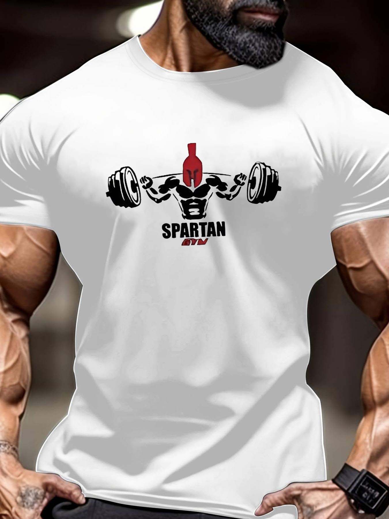 Men's Regular Fit Spartan Print Round Neck Tee, Casual Short Sleeve Crew Neck T-Shirt for Summer, Fashion Men's Top for Gym Workout Running Athletic Style Activewear Clothing