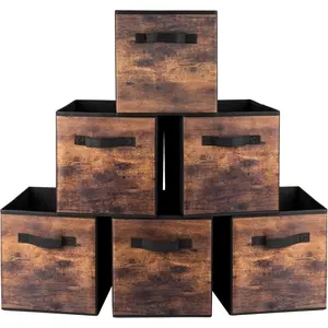 11 Inch Fabric Storage Cubes, 6 Pack Foldable Storage Bins with Handle, Storage Baskets Box for Shelves, Closet, Organizer, Brown Black