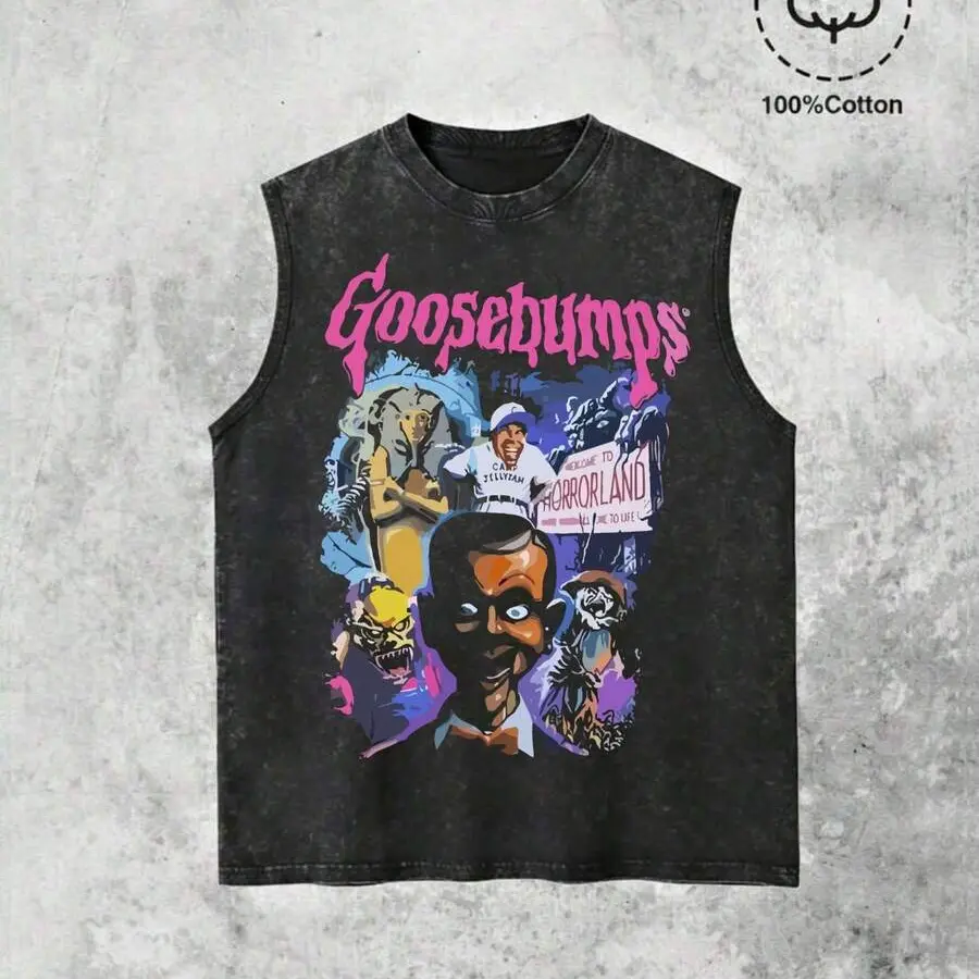 Horror Book Nostalgia Sleeveless Tank Top Goosebumps Pink Title Slappy And Monsters Collage Print Unisex Casual Tank For Outdoor Travel Camping Daily Streetwear