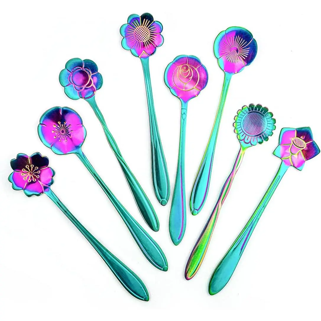 8-Piece Rainbow Flower Stainless Steel Spoon Set, Cute Cutlery for Drink Mixing, Milkshake & Jam Use, 8 Different Patterns, Kitchenware Gift Ideas