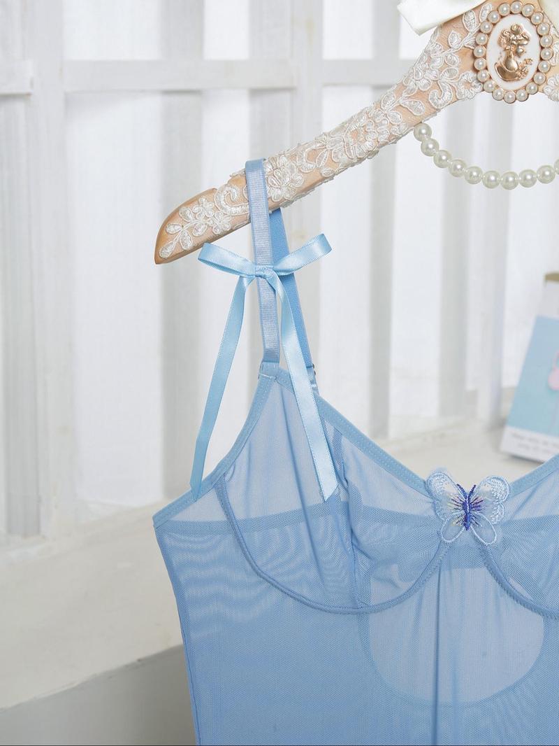 Women's Butterfly Decor Sheer Mesh Cami Nightdress & Thong Sexy Lingerie Set, Sexy Elegant Sleeveless Dress & Thong, Women's Lingerie & Underwear for Home Nights, Glam Lounge Wear, Womenswear