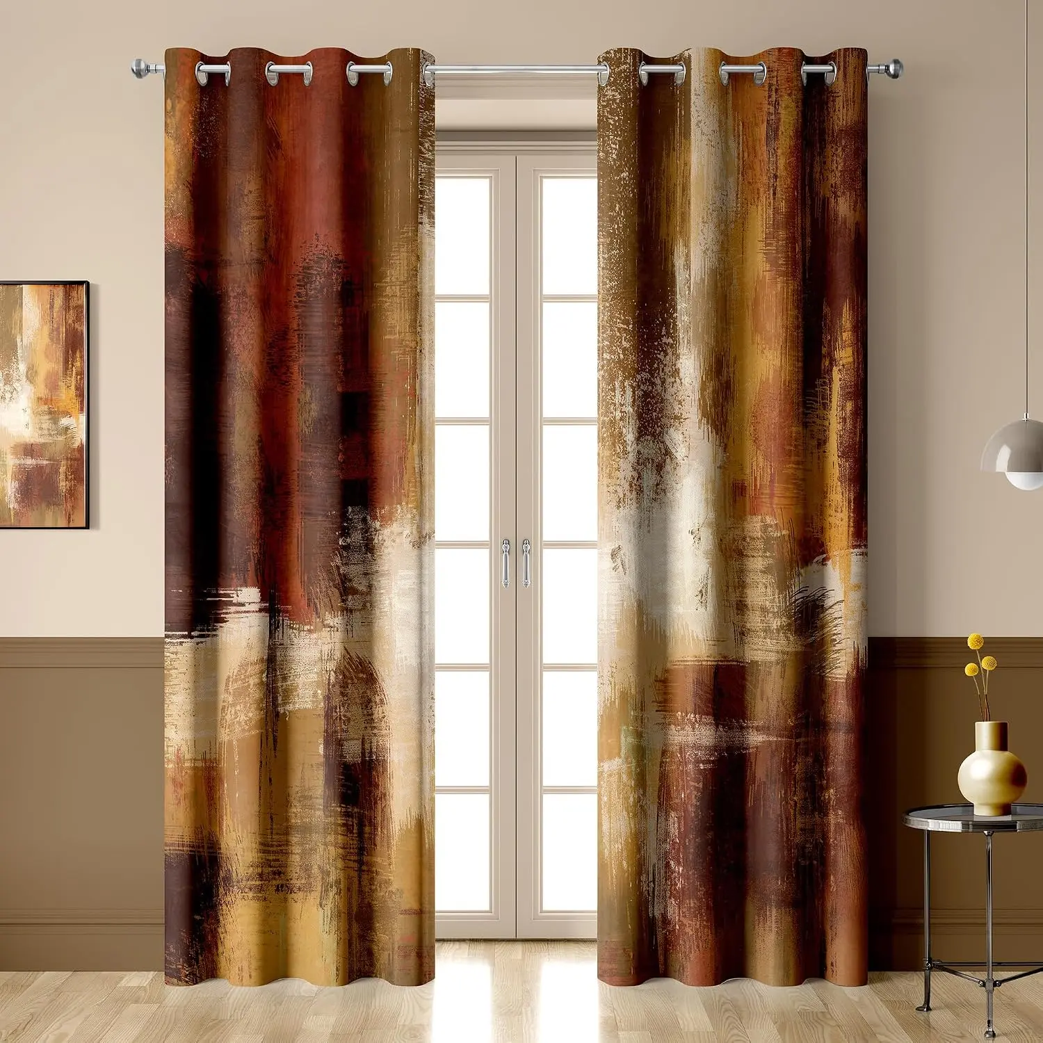 Burnt Orange Blackout Curtains, Abstract Rust Modern Art Painting Curtain Decor for Living Room, Bedroom, Thermal Insulated Grommet Window Curtains for Bedroom 52X63 inch