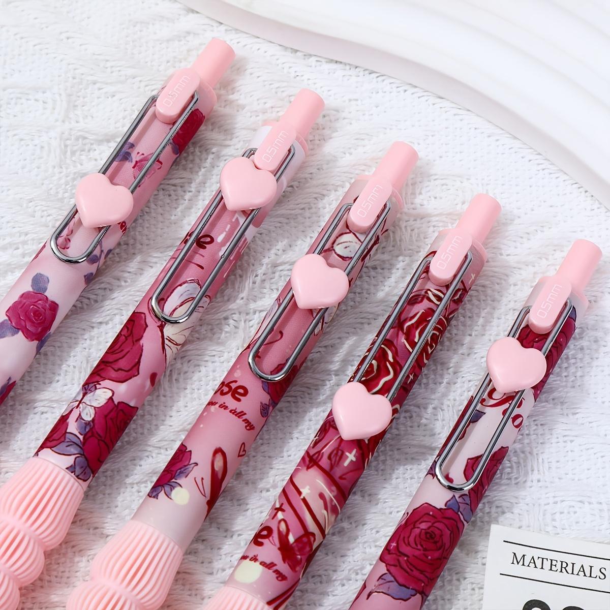 1 box of 5 pink heart click gel pen romantic red rose high value study office signature pen Valentine's Day gift College Student Pen