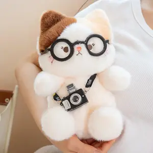 New Cute Calico Cat Plush Toy With Glasses Camara Soft Stuffed Animal Doll For Adult Kawii Home Decor Birthday Gift