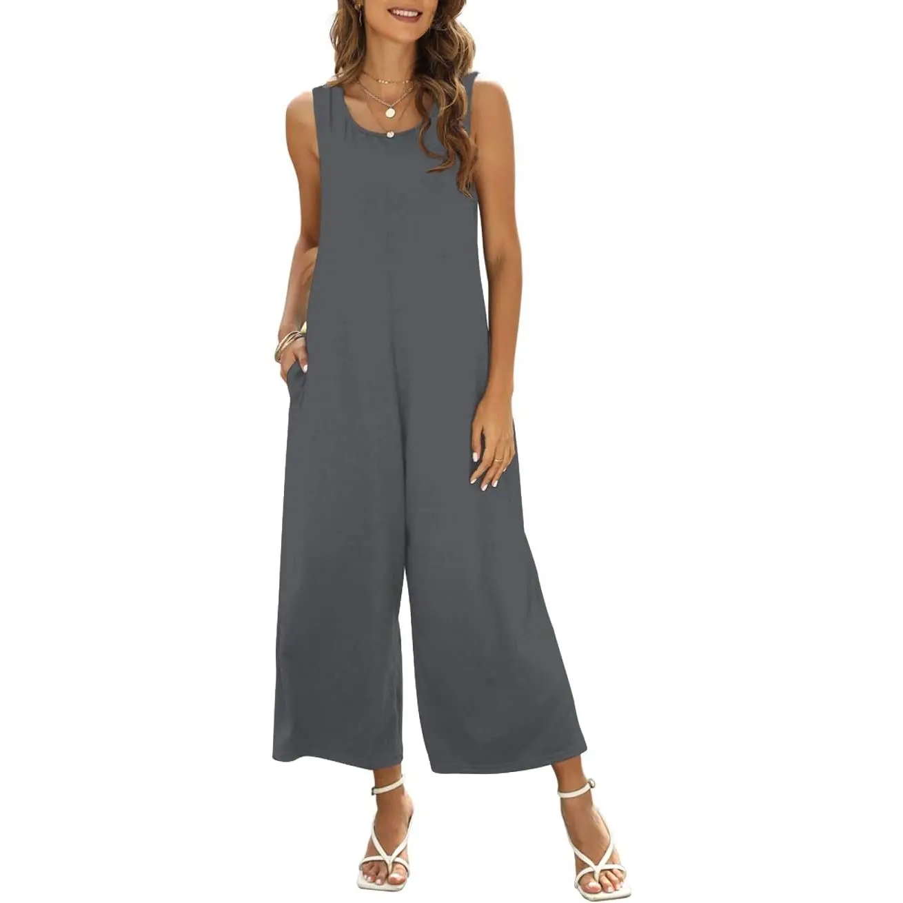 Women's Summer Casual Loose Tank Jumpsuit Sleeveless Crewneck Jumpsuit Romper Outfits with Pockets