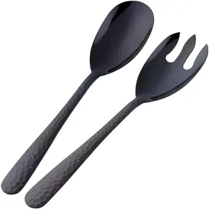 Salad Spoon and Fork Set, 12 Inch Stainless Steel Salad Server, Black Serving Utensils, Dishwasher Safe, Pack of 2