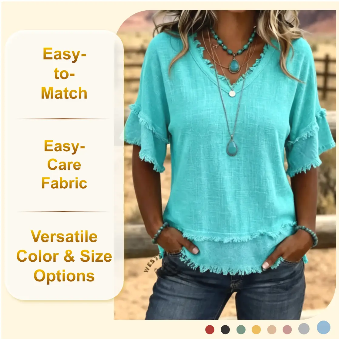 Women's Boho Western Tops, Long Sleeve Round Neck Tunic Shirt with Ruffled Fringe, Solid Polyester Pullover for Casual Wear, Fitted, Machine Wash