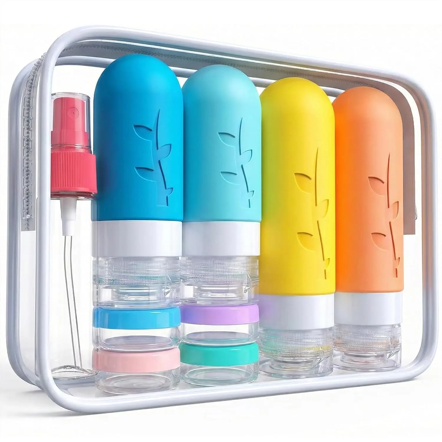 Travel Bottles Kit (16 Pack) - TSA Approved, Leak Proof  Squeezable Containers for Toiletries. Complete Set with Jars, Sprayers & Bag (White)