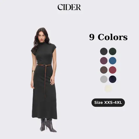 Cider Knit High Neck Sleeve A-line Maxi Dress With Belt