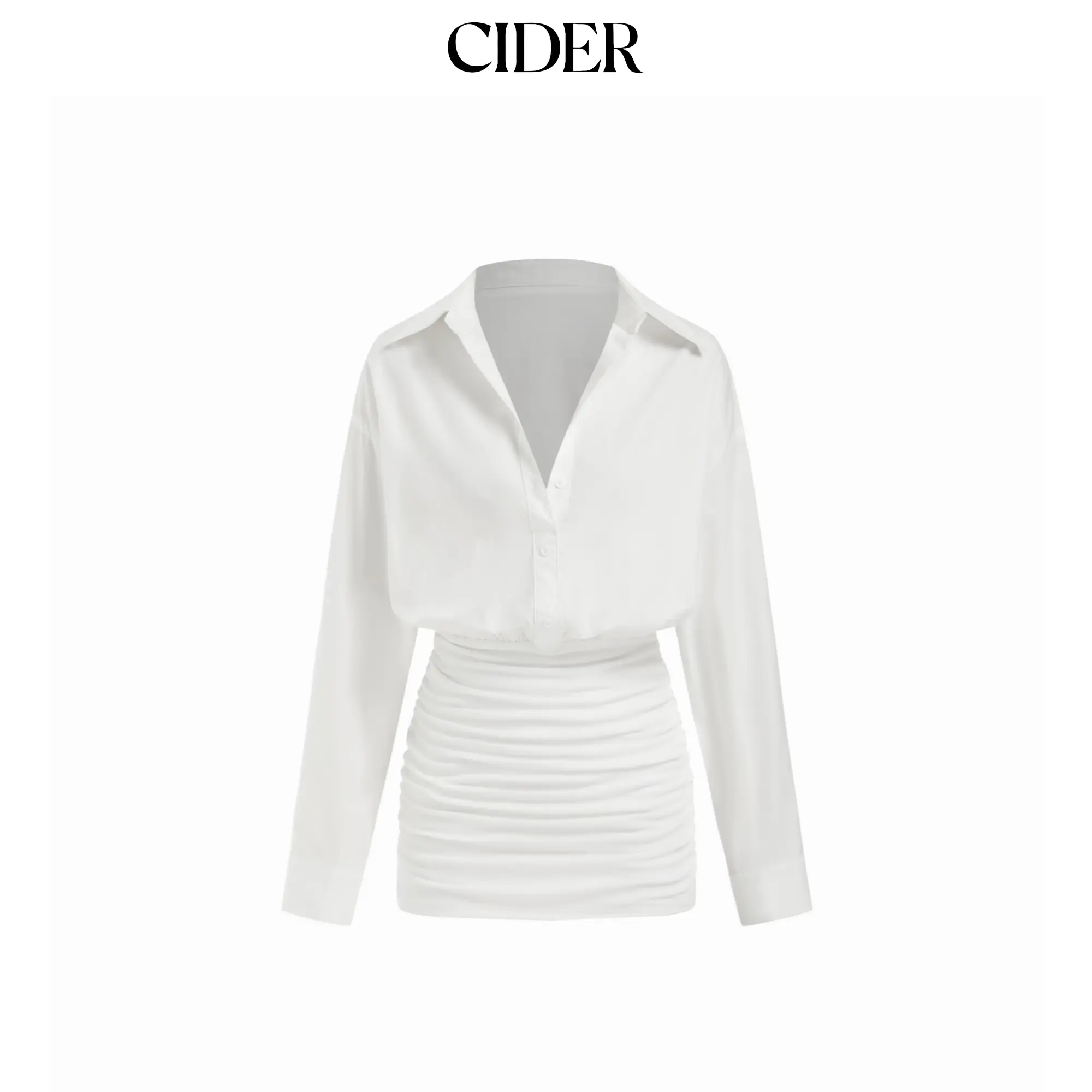 Cider Cotton-blend Collar Ruched Long Sleeve Mini Dress SummerFinds