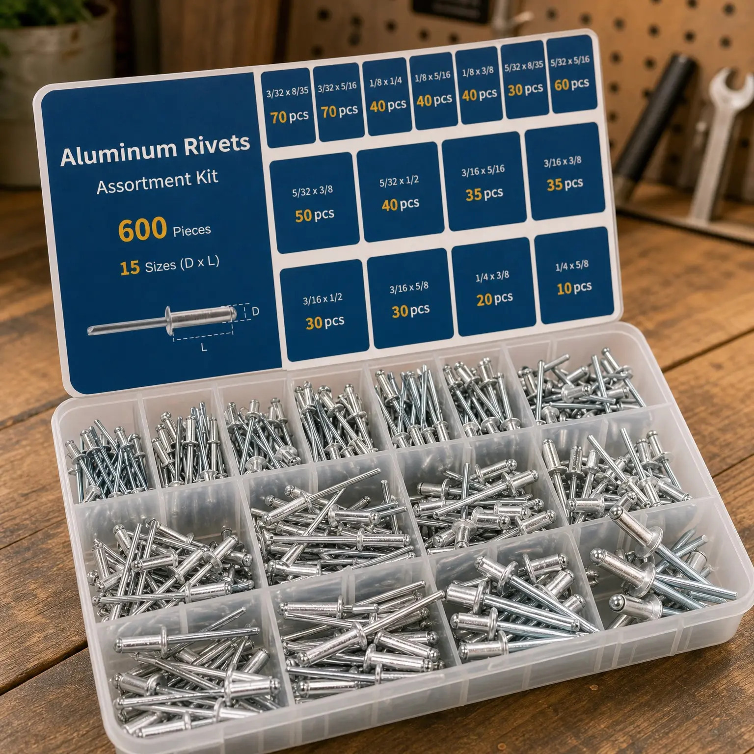 600pcs 15 Sizes Pop Rivets Assortment Kit, Aluminum Blind Rivets, Silver, 3/32" 1/8" 5/32" 3/16" 1/4", Dome Head for MetalGift