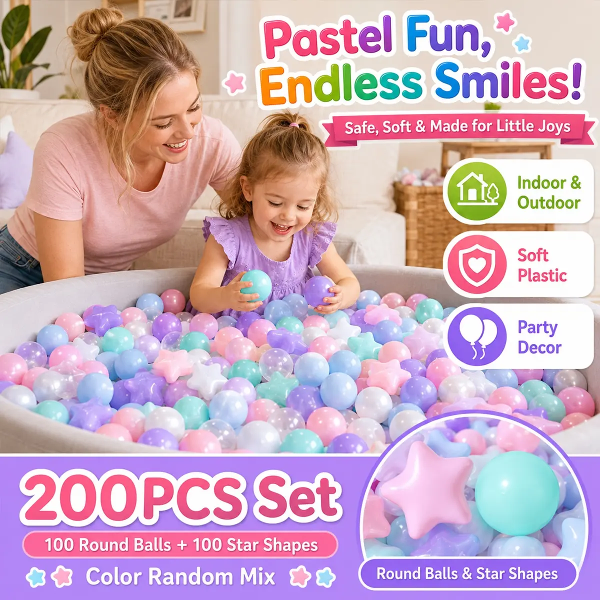 200PCS Star and Round Ball Pit Balls Set, Pastel Mixed Color Soft Plastic Activity Balls, BPA-Free Non-Toxic Crush-Resistant Glossy Balls, Ocean balls, for Childrens, Baby Pool, Ball Pit, Indoor Tent, Birthday Party Decor and Storage