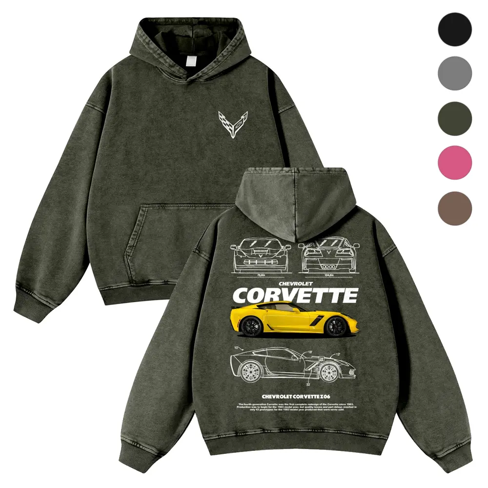 US Supercar Blueprint Art Front&Back Print 380g Autumn VIntage Washed Hoodie Graphic Sweatshirt