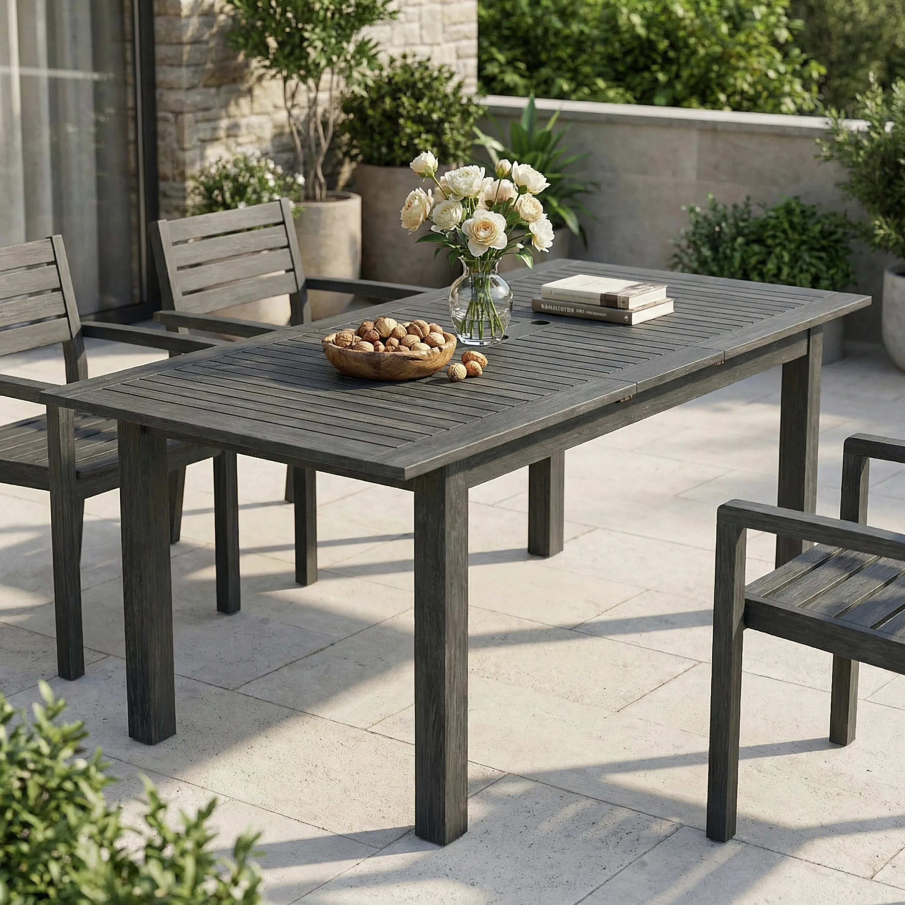 ARCH Outdoor Extendable Acacia Wood Dining Table - Dark Grey, Weather-Resistant Solid Wood, Expands Easily, Seats 6-8, Heavy Duty, Assembly Required, Ideal for Patio, Garden, Deck, BBQ Party