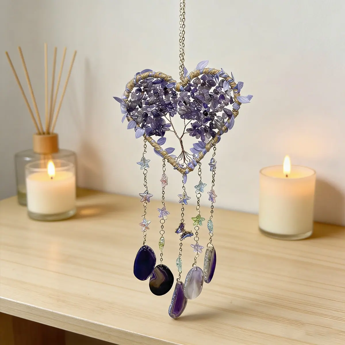 Heart Tree Dreamcatcher with Agate Crystal Chain Pendant, Indoor Outdoor Decor, Wall Hanging Ornament, Interior Wall Decor, Room Living Room Garden Decoration Gift for Christmas New Year