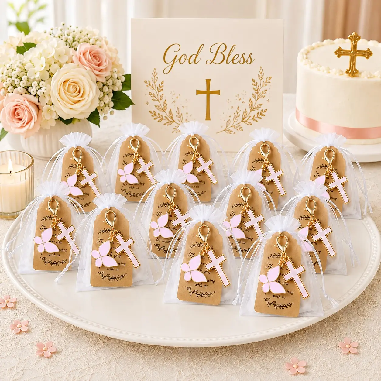 10/20 Sets Baby Shower Favors for Guests, Pink Cross Keychains with Butterfly or Flower Charms, White Organza Gift Bags and Kraft Thank You Cards, Baptism and Christening Favors, First Communion, Wedding, Birthday and Christian Party Keepsakes